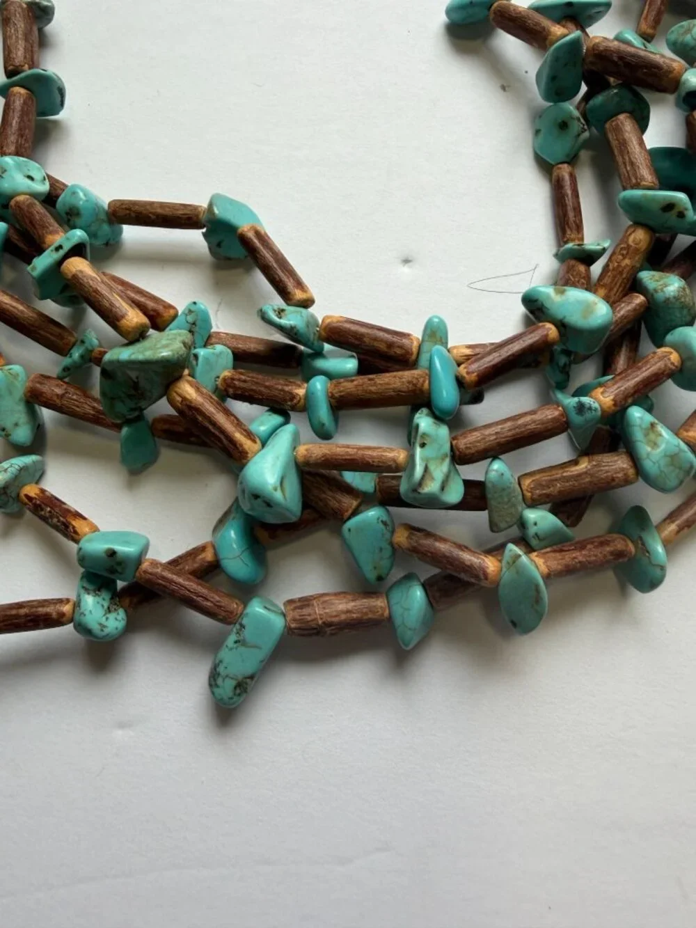 Genuine Turquoise Nuggets Wood Beads 7-Strand Necklace Southwestern Style 22" L - Picture 2 of 5